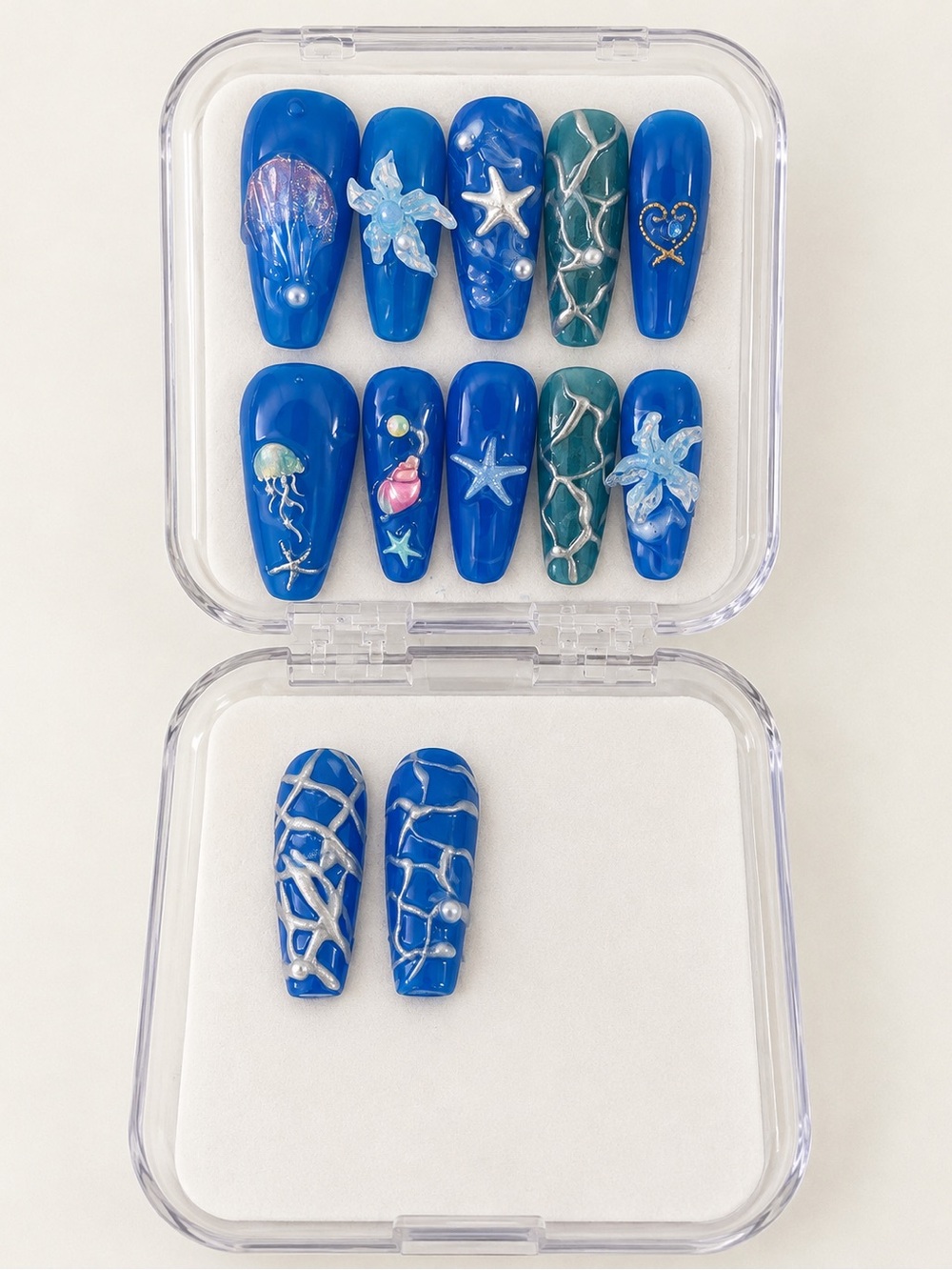 Handmade Blue Ocean-Themed Long Press-On Nail Set - Size S - Picture 2 of 2